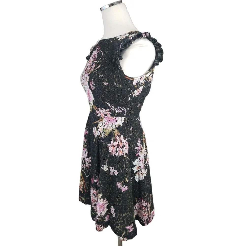 Anthropologie Eri +Ali Black Floral Lace Dress 4 Nevaeh Ruffle Cap Sleeve